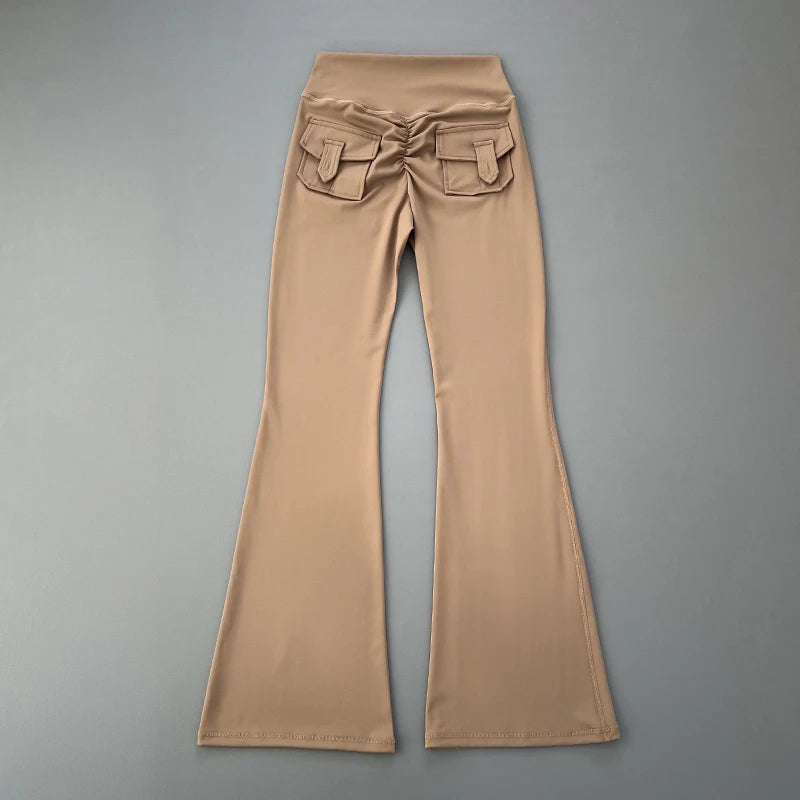 Showlu Fashion micro horn yoga pants with pocket, designed for hip lifting, quick drying, and comfortable workout or dance training.