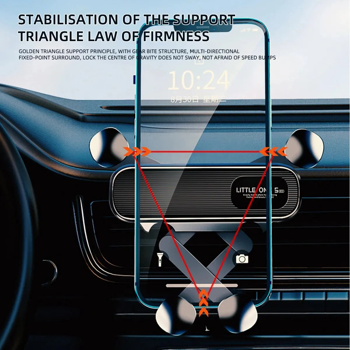 Showlu Gravity Car Phone Holder with 360° air vent clip mount for 4.7 to 7-inch smartphones, shown attached to a vehicle air vent.