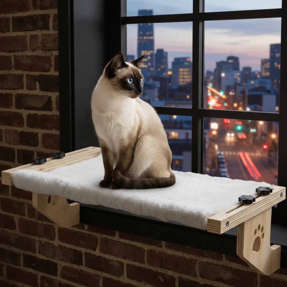 Showlu Wooden Frame Cat Window Hammock with paw print design, durable and cozy bed for cats to relax by the window.