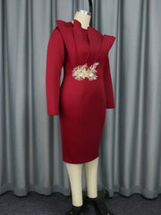 Wine Bodycon Dresses for Women O Neck Ruffles Appliques Long Sleeves High Waist Elegant Christmas Party Nightclubs Holiday Gowns