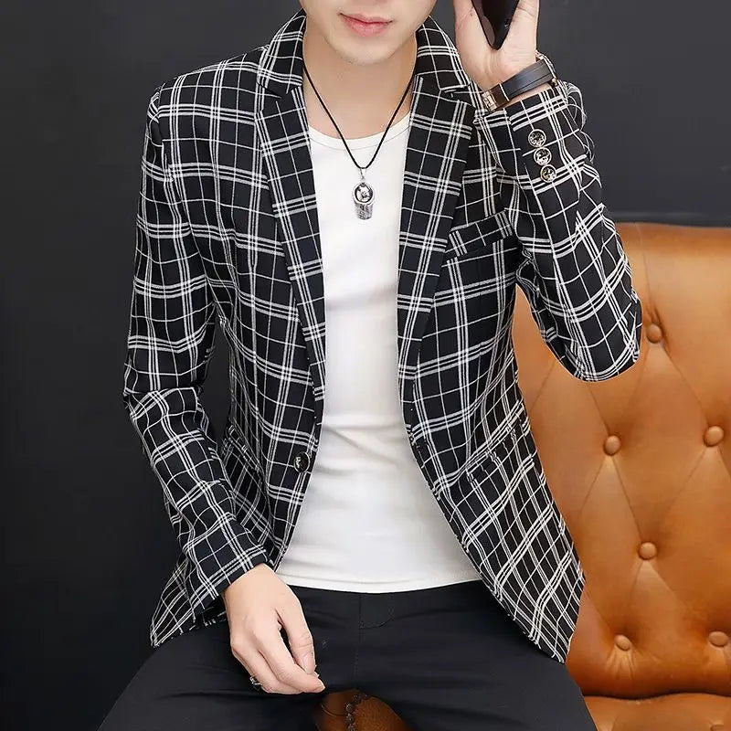 Men's slim fit striped plaid blazer in casual Korean style, shown in dark blue and white, from SHOWLU FASHION STORE.