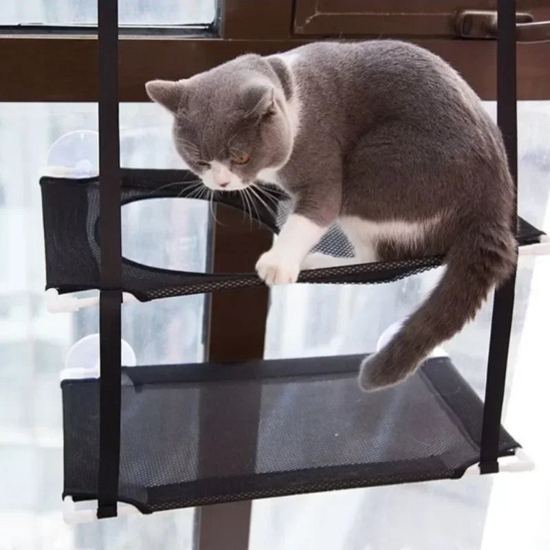 Showlu Double Decker Cat Window Hammock made of Oxford cloth, featuring a hanging bed design for comfortable cat lounging.