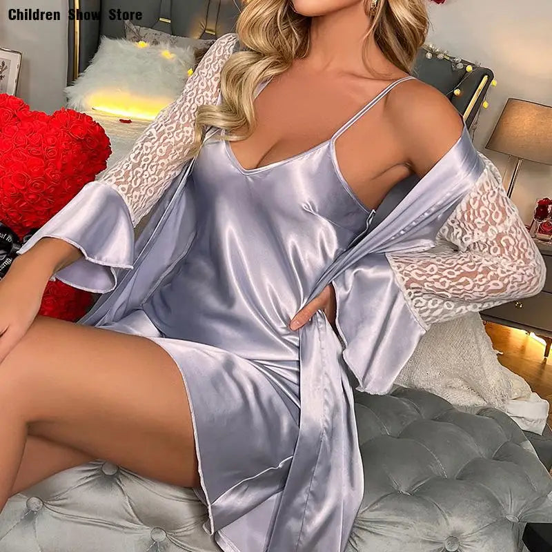 Women’s rayon sleep gown and kimono robe set with lace sleeves, stylish and comfortable summer nightwear from Showlu Fashion.