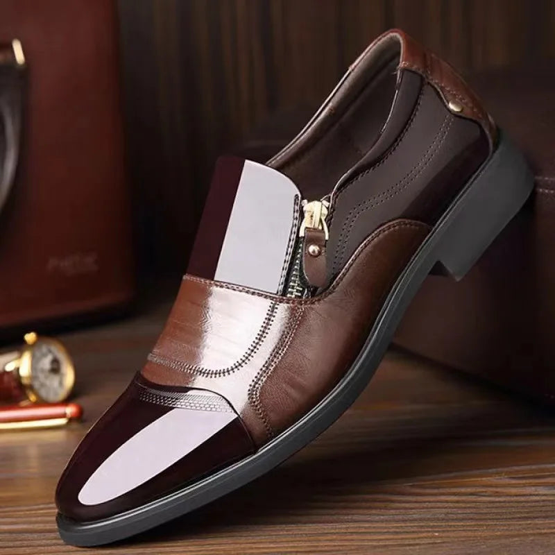 Men's black leather dress shoes by Showlu Fashion Store with waterproof material and pointed toe for business and formal wear.