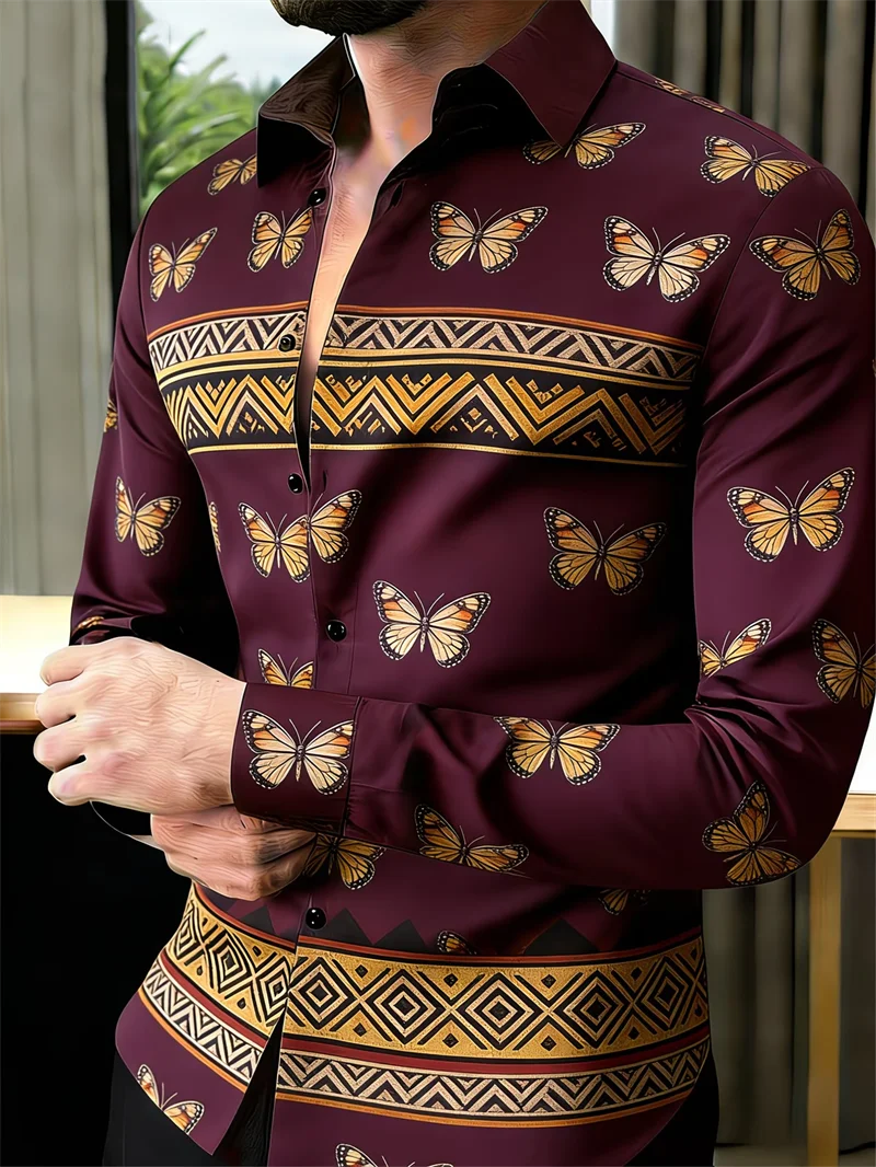 Men's long sleeve lapel shirt with 3D printed butterfly pattern in 11 colors, stylish fashion shirt by Showlu Fashion Store