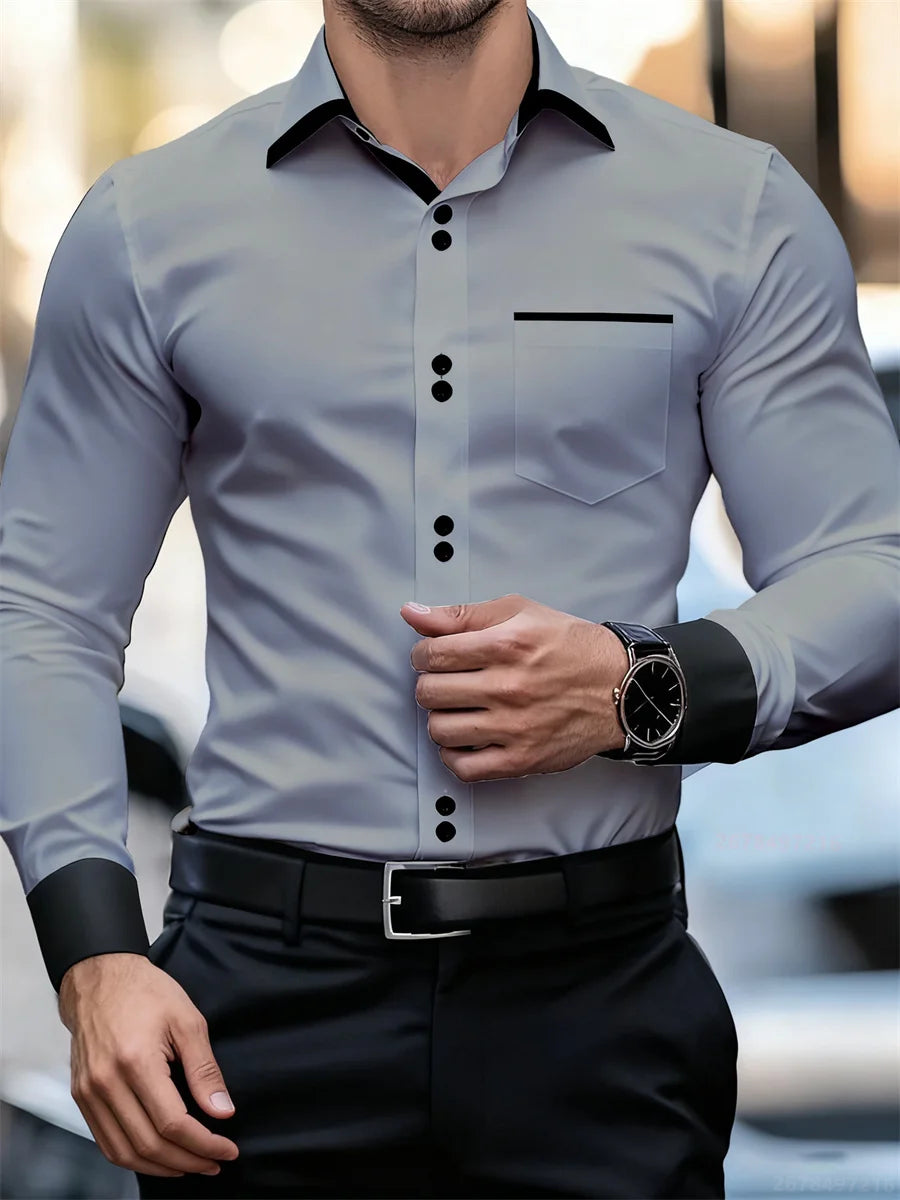Men's black and white color block collar long sleeve shirt with slim fit, wrinkle-free patchwork design from Showlu Fashion Store