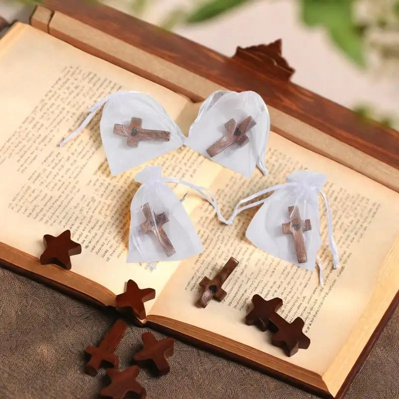 Set of 12 pocket wooden calming crosses from Showlu Fashion Store, stress relief religious fidget crosses with organza bags for baptism or church.