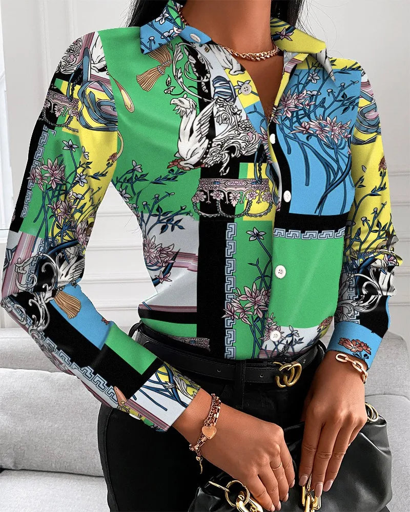 Women’s long sleeve blouse by Showlu Fashion with floral, chain, letter, and geometric square print, turn-down collar, and feminine style