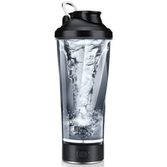A portable electric protein shaker cup with a black lid and base, showing a water vortex inside.