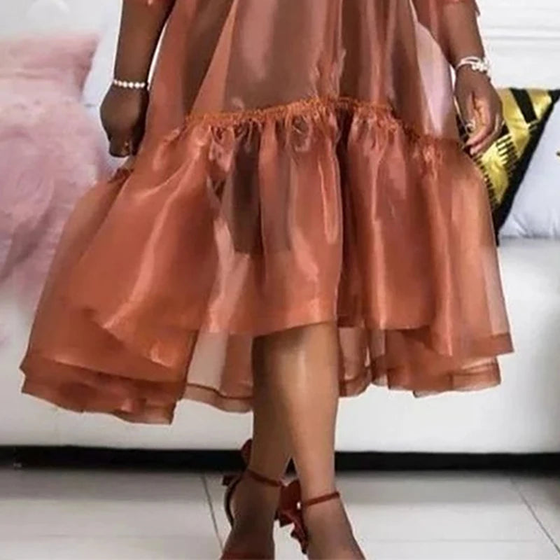 Plus Size Semi Formal Midi Dresses Casual Brown Fall Winter V Neck 3/4 Sleeve Flounce Organza Midi Dresses SHOWLU FASHION STORE