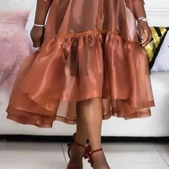 Plus Size Semi Formal Midi Dresses Casual Brown Fall Winter V Neck 3/4 Sleeve Flounce Organza Midi Dresses SHOWLU FASHION STORE