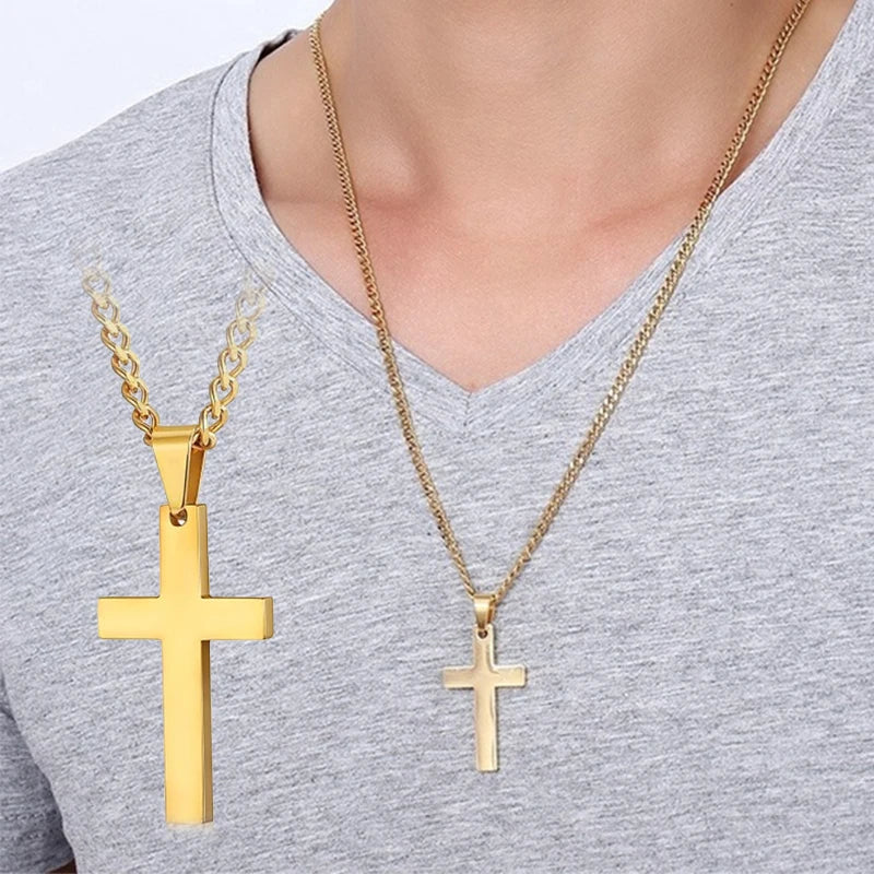 Stainless steel cross pendant necklace with punk hip hop link chain, showcasing a bold, stylish jewelry piece.