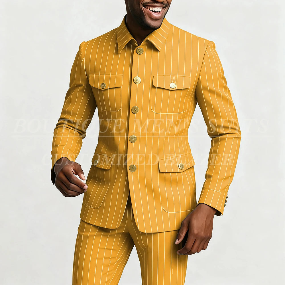 Elegant pinstripe men's suit by Showlu Fashion, single-breasted slim fit jacket and pants with stand lapel, tailored for a sleek look.