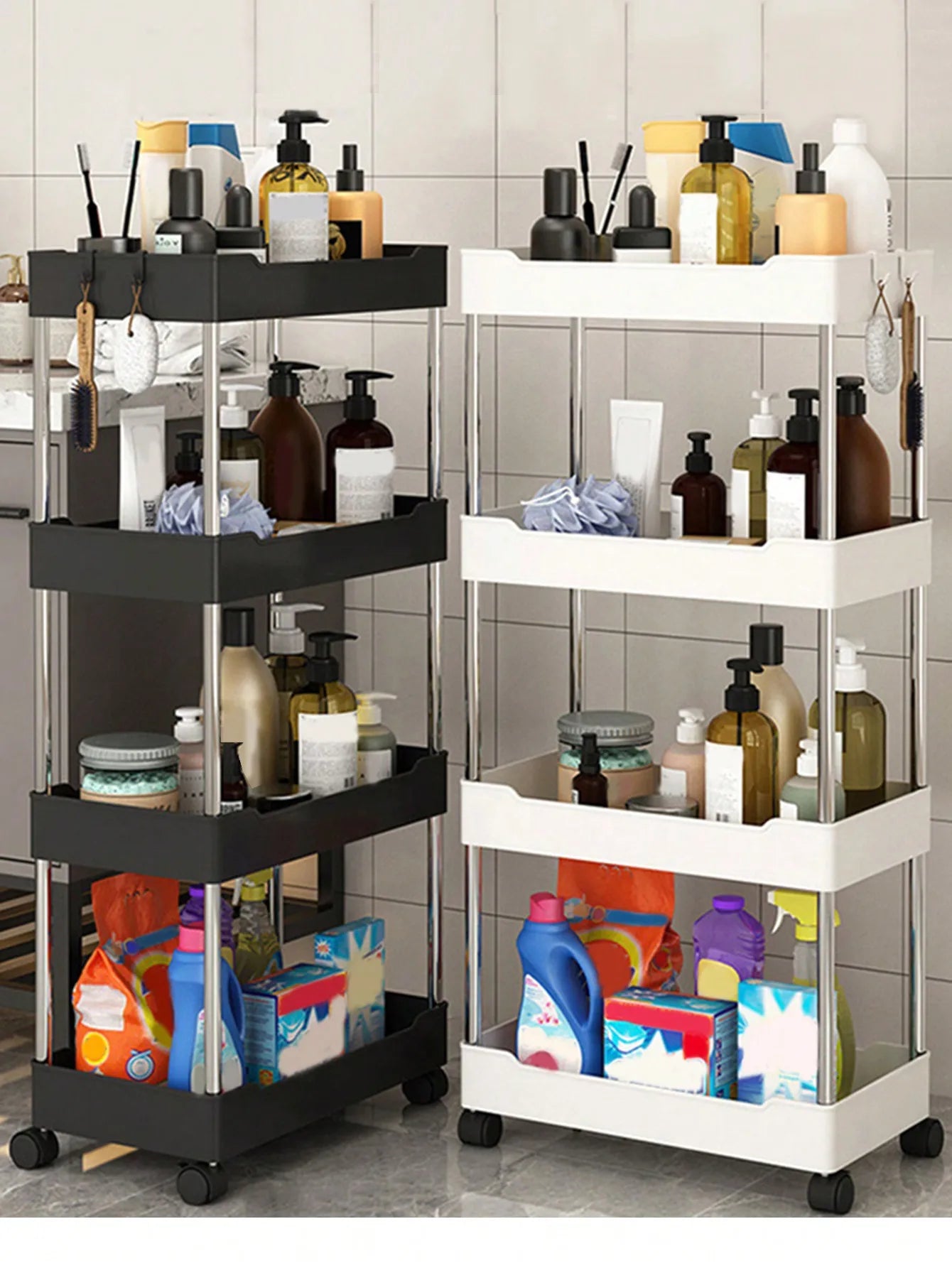 Showlu 3/4 tier rolling utility cart with slim plastic shelves for versatile storage and organization.