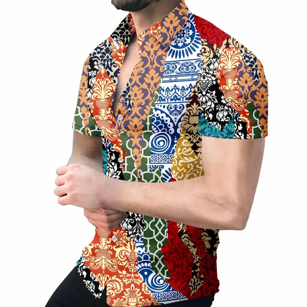 Men's Hawaiian Baroque 3D print short sleeve shirt by SHOWLU FASHION, featuring vibrant floral and ornate designs.