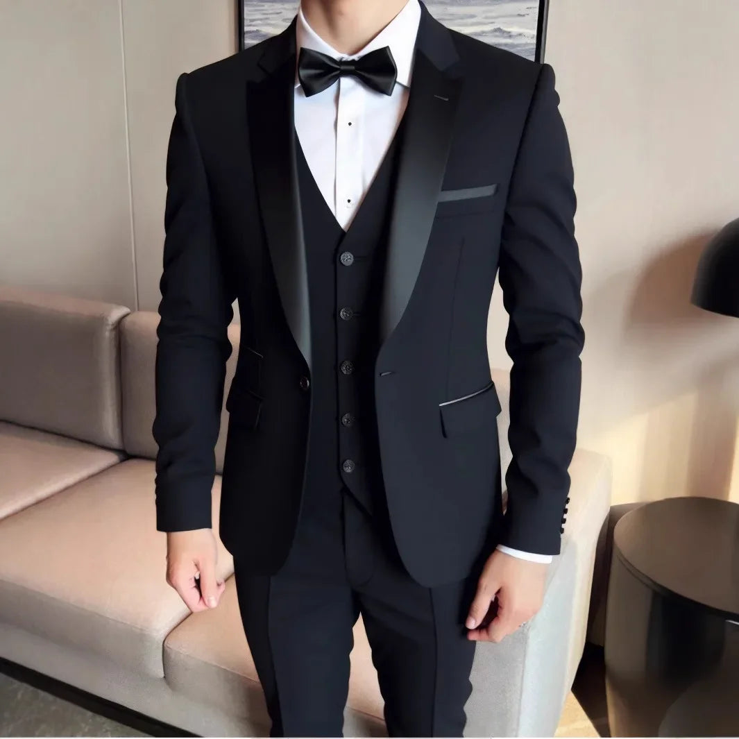 Men's 3-piece suit jacket, vest, and trousers in high-quality formal and casual styles, perfect for business or wedding attire.