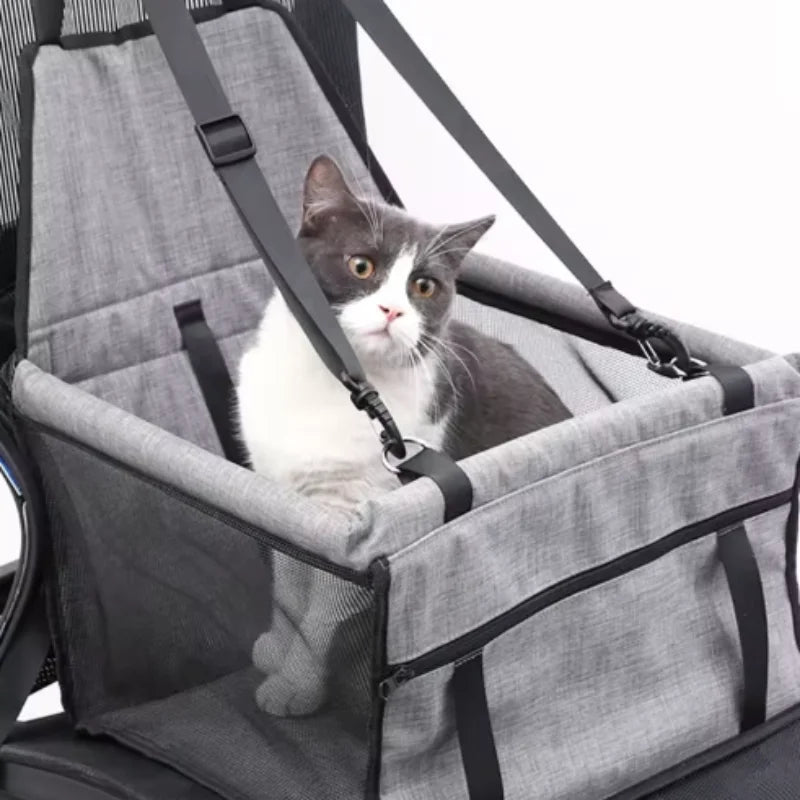 Foldable dog and cat car seat cover with pet harness and basket, designed for safe travel and comfort in vehicles.