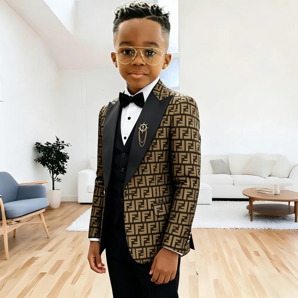 Fashion Floral Boys Suit 3 Pieces Wedding Tuxedos Single Breasted Formal Jacket Vest Pants Kids Blazer Set Slim Fit Child Outfit