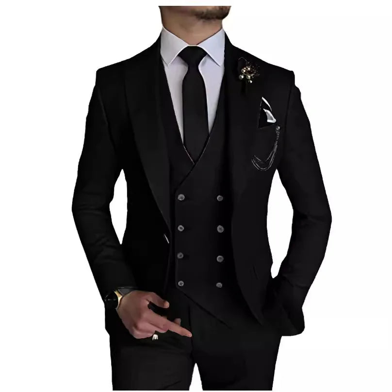 Men's three-piece business suit set by Showlu Fashion, featuring a formal dress shirt, blazer, vest, and matching trousers.