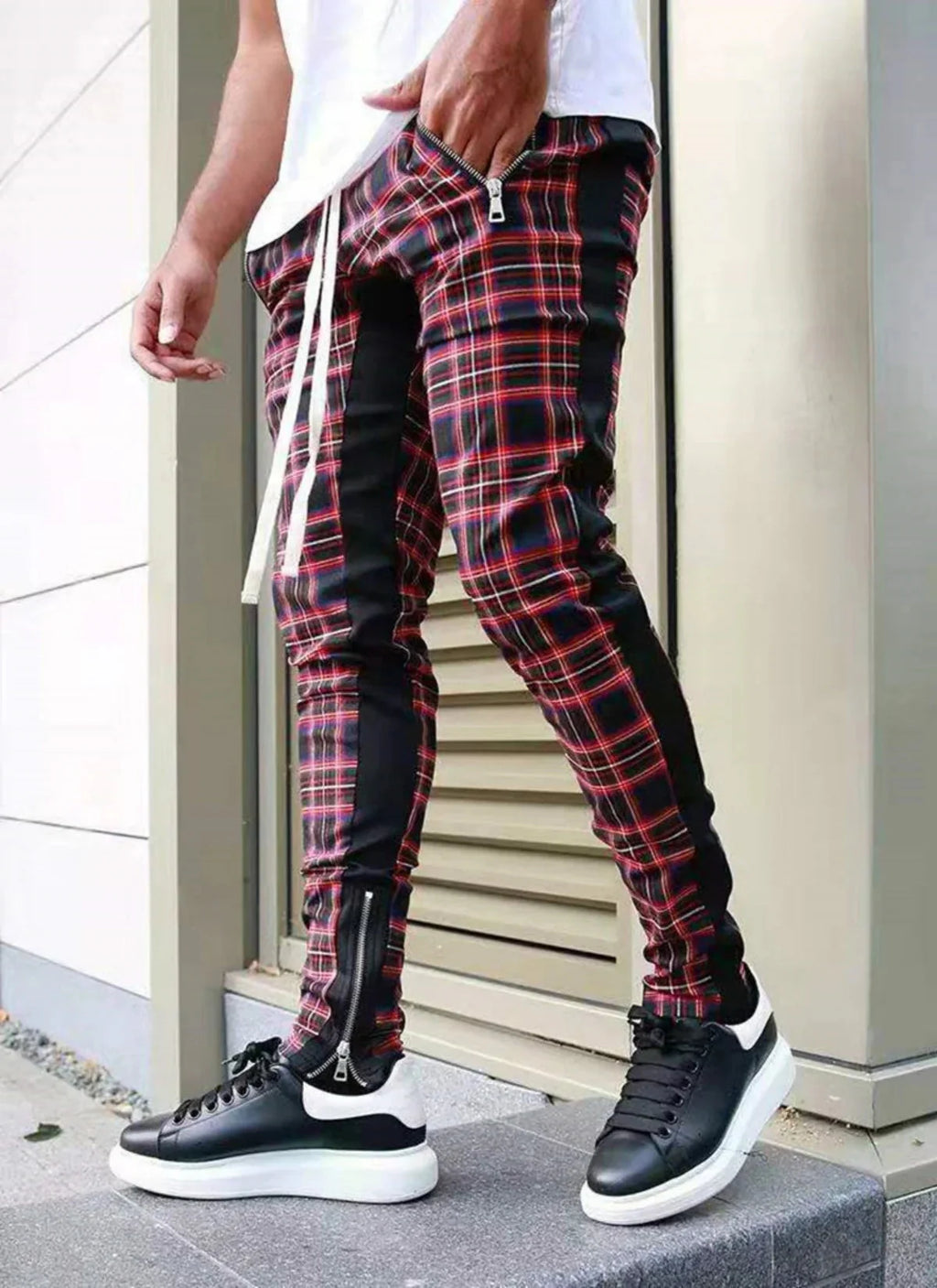 SHOWLU men's plaid tracksuit pants with slim fit design and zipper bottoms, ideal for fitness and casual wear.