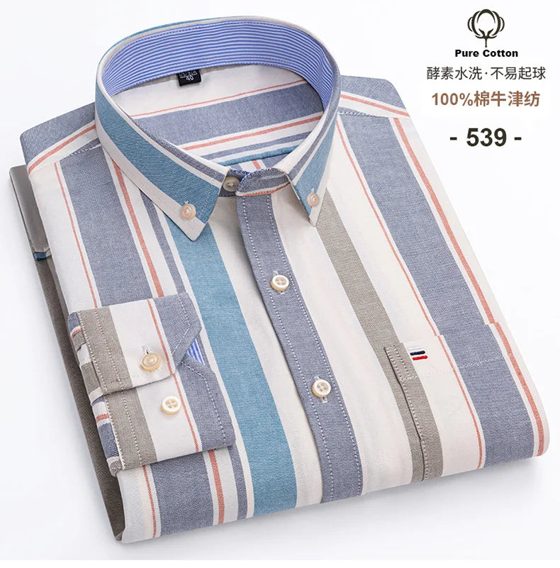 Men's long sleeve plaid cotton dress shirt by Showlu Fashion, casual fit, solid color print, oversized 6XL size.