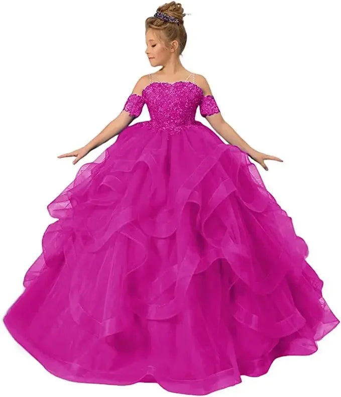Off-shoulder tulle flower girl dress by Gdybao for kids, featuring a ball gown style with floral appliques and elegant design.