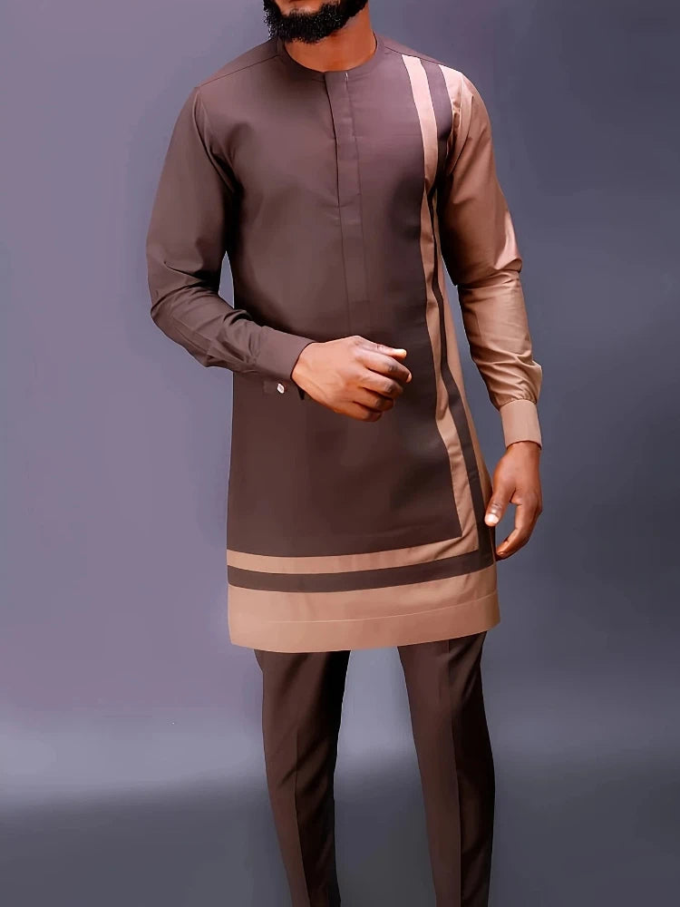 Showlu Men's casual two-piece set with long-sleeved top and trousers, stylish and comfortable for everyday wear.