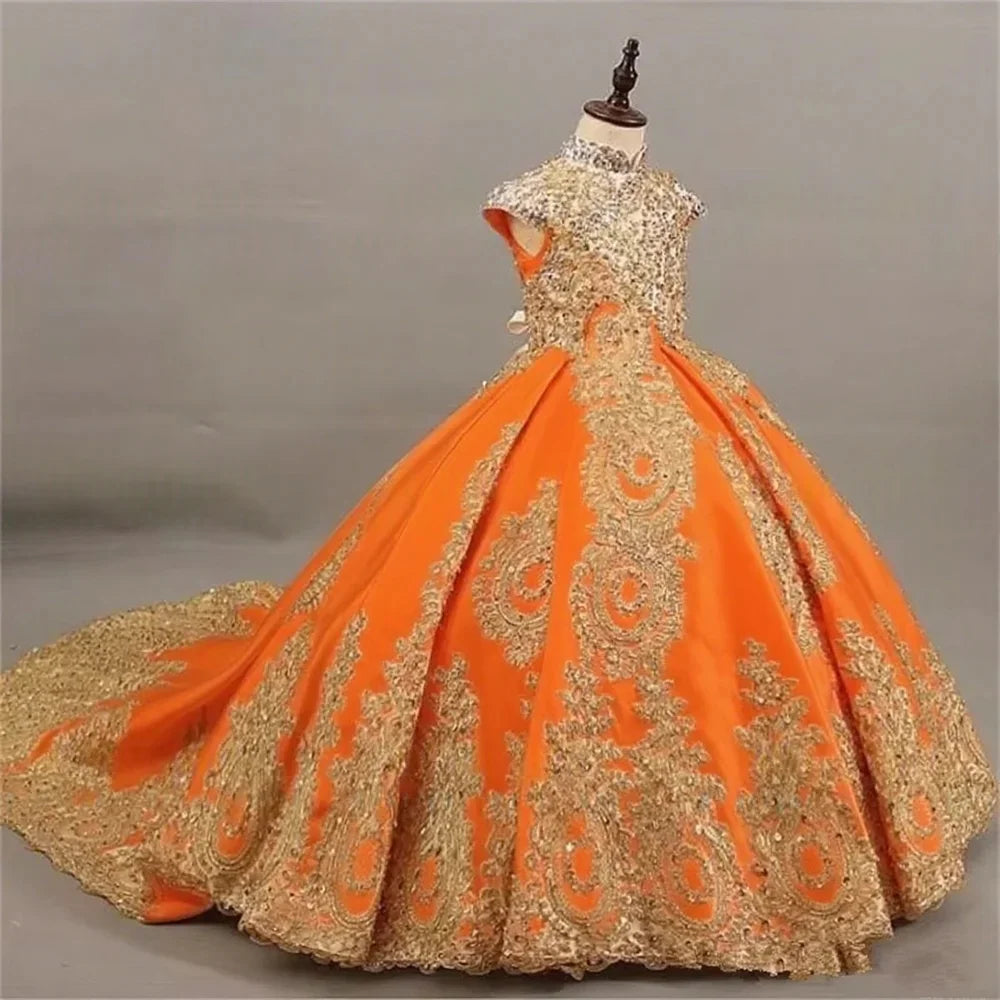 JDY custom girls' sleeveless ball gown featuring gold lace embroidery and a long train, perfect for special occasions.