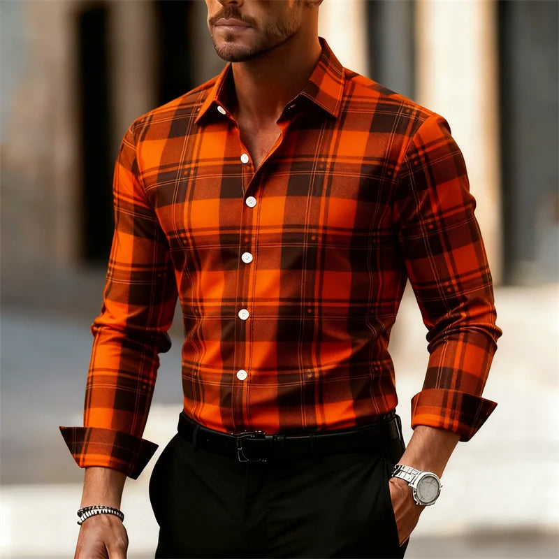Men's plaid casual long-sleeved shirt in large sizes, stylish street style top by Showlu Fashion Store, outdoor daily wear.