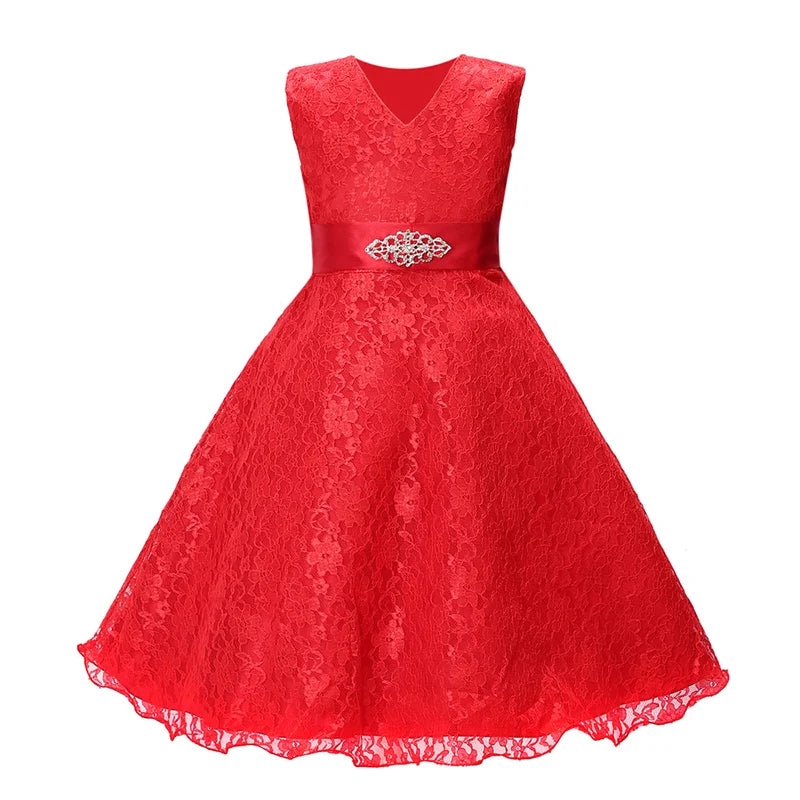 Pink princess style girls dress with mesh skirt, puffy design, sleeveless vest, suitable for wedding and party occasions.