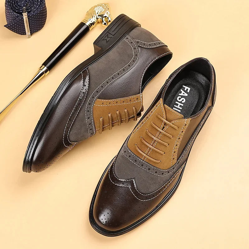 Men's leather fashion shoes with a retro British style, formal and business casual design, available in large sizes.