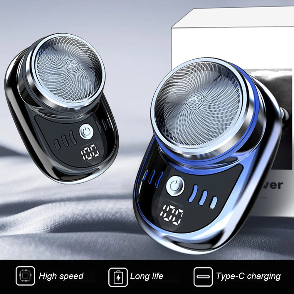Men's mini electric travel shaver by Showlu Fashion with USB charging, digital display, rechargeable, washable beard trimmer.