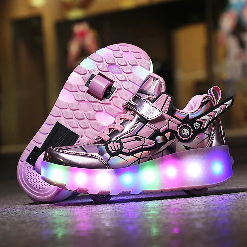 Children's flashing roller skates by Showlu Fashion with light-up outdoor sneakers, featuring colorful illuminated wheels.