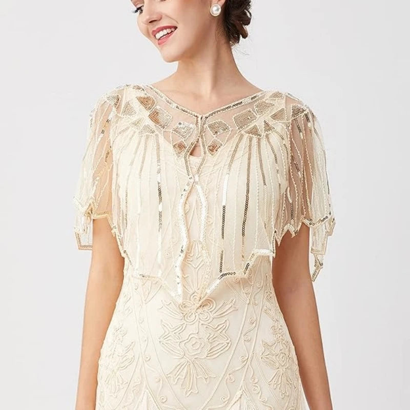 1920s retro beaded sequin flapper shawl, loose decorative short cape for evening parties, women's outerwear by Showlu Fashion