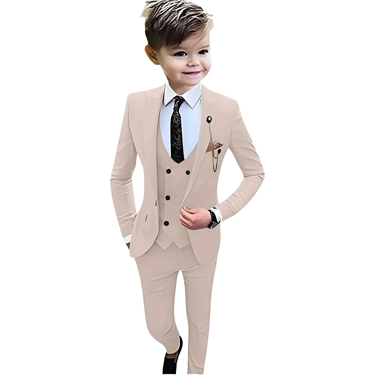 Beige boys' formal suit set by SHOWLU FASHION STORE, includes tuxedo jacket, vest, pants, and shirt for weddings and special occasions.