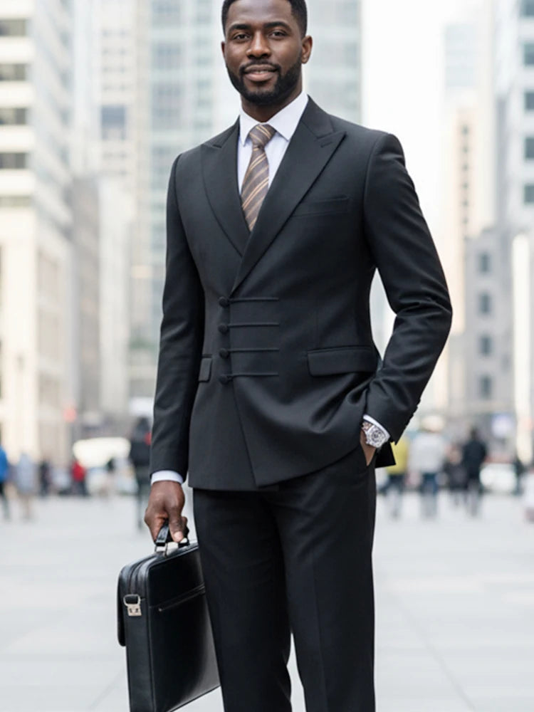 Men's black double-breasted slim fit suit by Showlu Fashion, featuring a stylish 2-piece wedding set with modern tailoring.