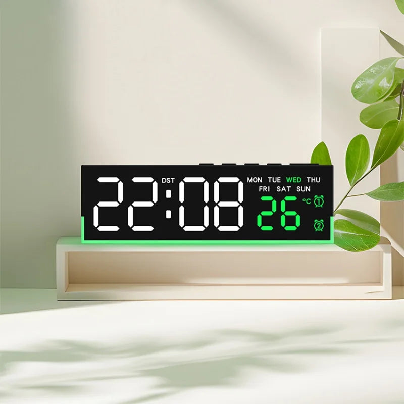 Showlu Smart LED digital alarm clock with mood light and temperature display showing time and ambient lighting in a modern setting.