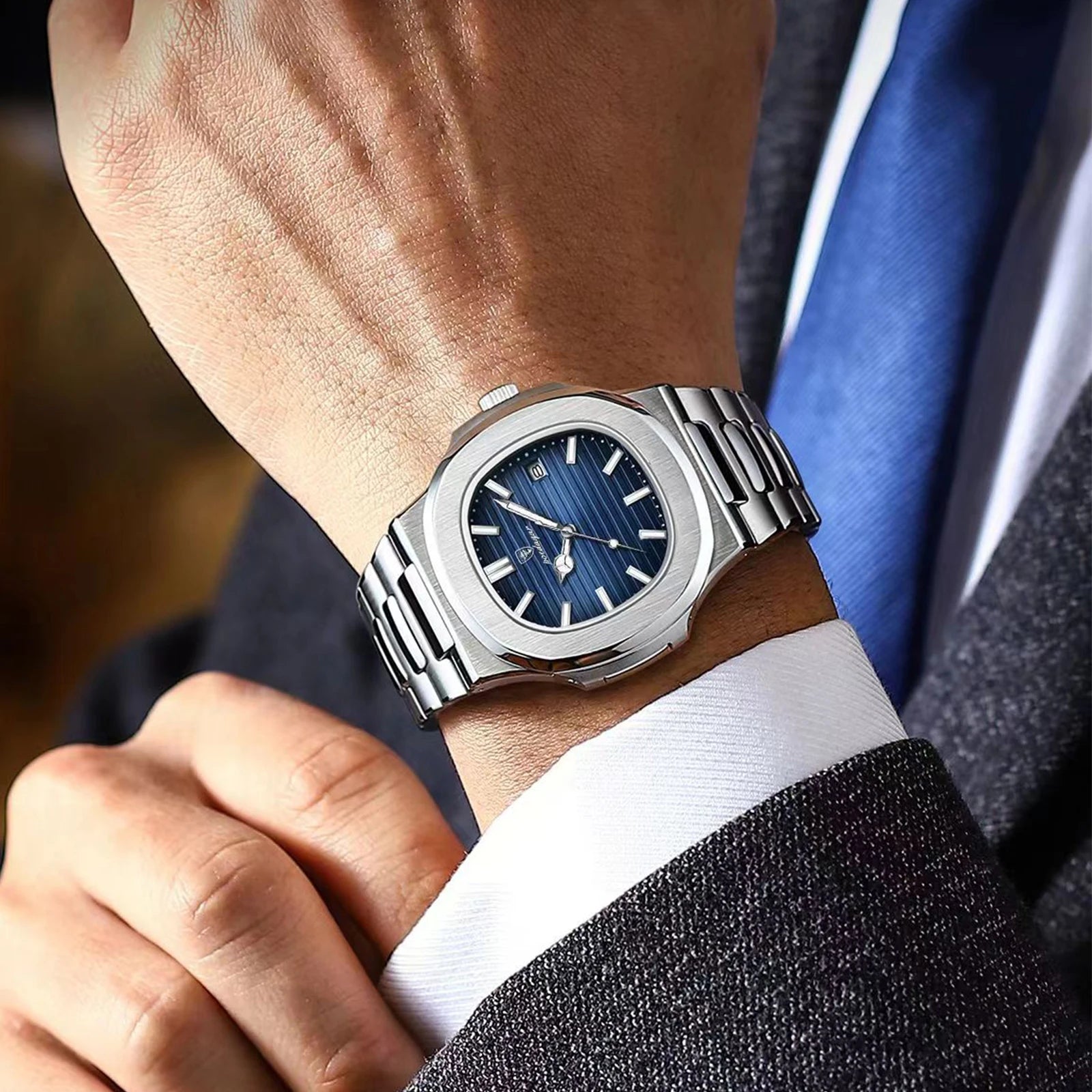 Square luxury men's wristwatch by Showlu Fashion with stainless steel band, luminous dial, waterproof design, and quartz movement.