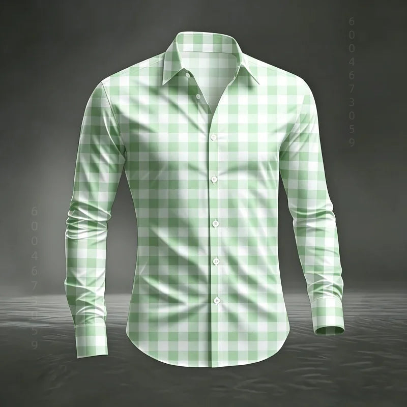 2026 Men's New Classic Plaid Shirt with Plaid Printing, Slim Fit Collar Long Sleeve Shirt, Men's Top, Comfortable Fabric XS-6XL