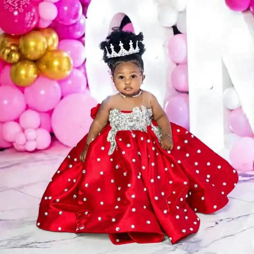 Fuchsia Beading Girl's Birthday Party Dresses Customized Ball Gown Puffy Flower Girl Dress Princess Baby Kids Pageant Gowns