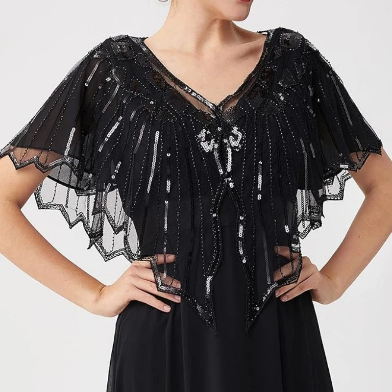 1920s retro beaded sequin flapper shawl, short cape with decorative sequins, evening party outerwear for ladies, Showlu Fashion