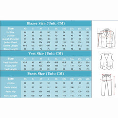 A size chart for a three-piece men's suit showing measurements for the blazer, vest, and pants.