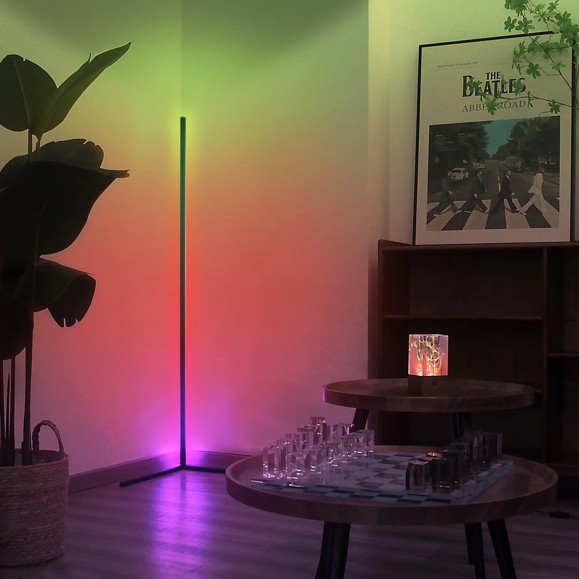 Showlu Smart General LED Ambient Corner Bar emits soft, colorful lighting, perfect for modern home or office decor.