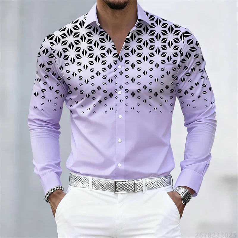 Men's long sleeve shirt with geometric pattern in 17 colors, slim fit, casual style, featuring a trendy lapel collar from Showlu Fashion.