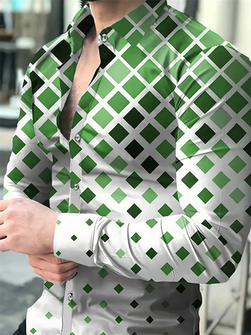 Men's casual street printed shirt by Showlu Fashion, long sleeve collar shirt perfect for spring and autumn fashion.