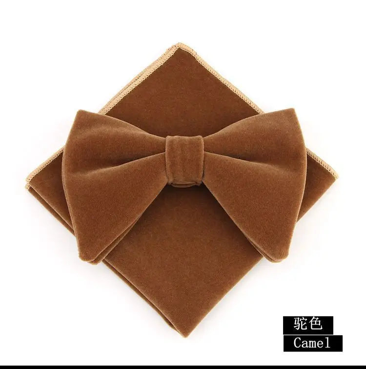 Mens velvet bowtie, handkerchief, and pocket square set featuring a big bowtie and custom logo, perfect for wedding attire.