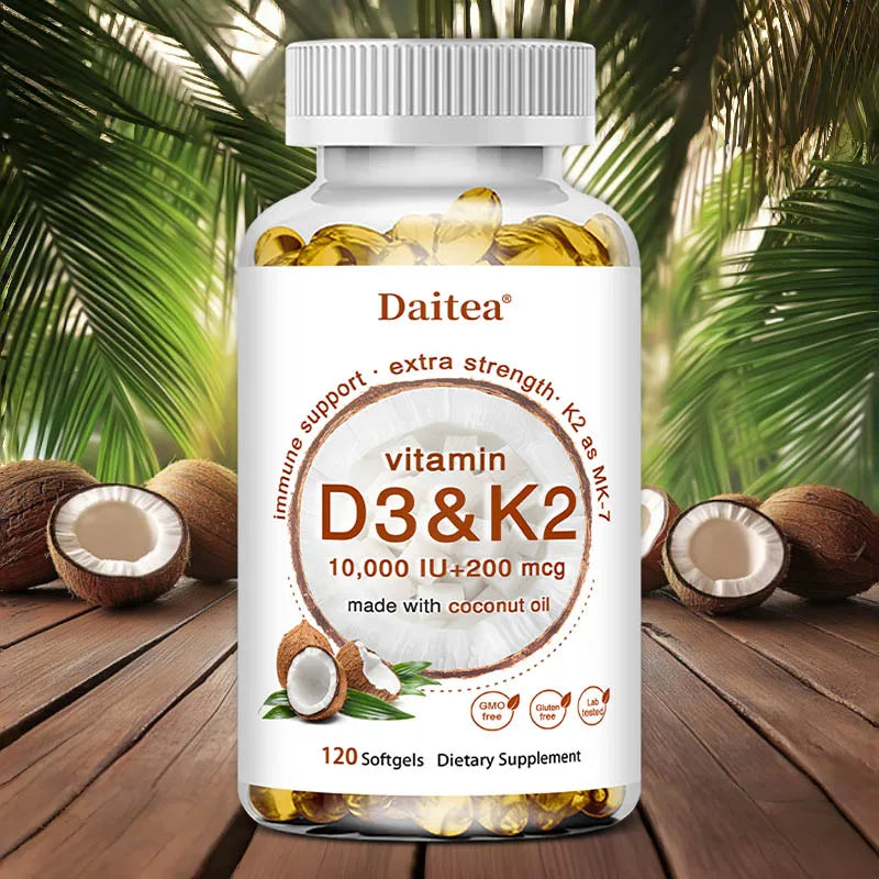 2-in-1 Vitamin D3 K2 Supplement Softgel, 10000 IU VIT D3 + 200 MCG Vitamin K2, Support Calcium Absorption in Bones