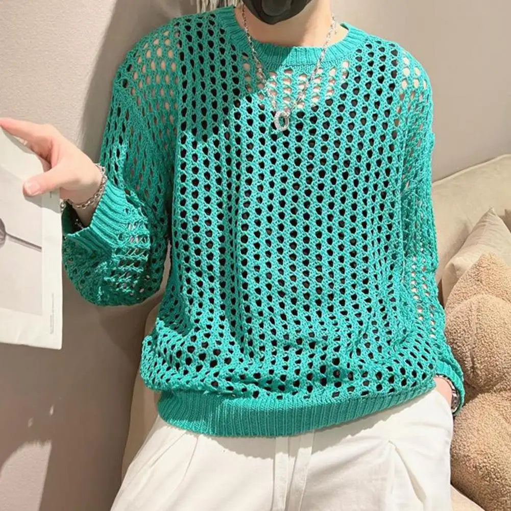 Comfortable Men Shirt Men's Hip Hop Mesh Fishnet Clubwear Top Solid Color Round Neck Long Sleeve See-through Pullover for Men
