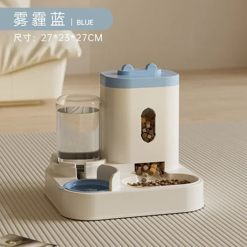 Showlu automatic pet feeder and water fountain with large capacity food bowl for cats or dogs, white plastic design.