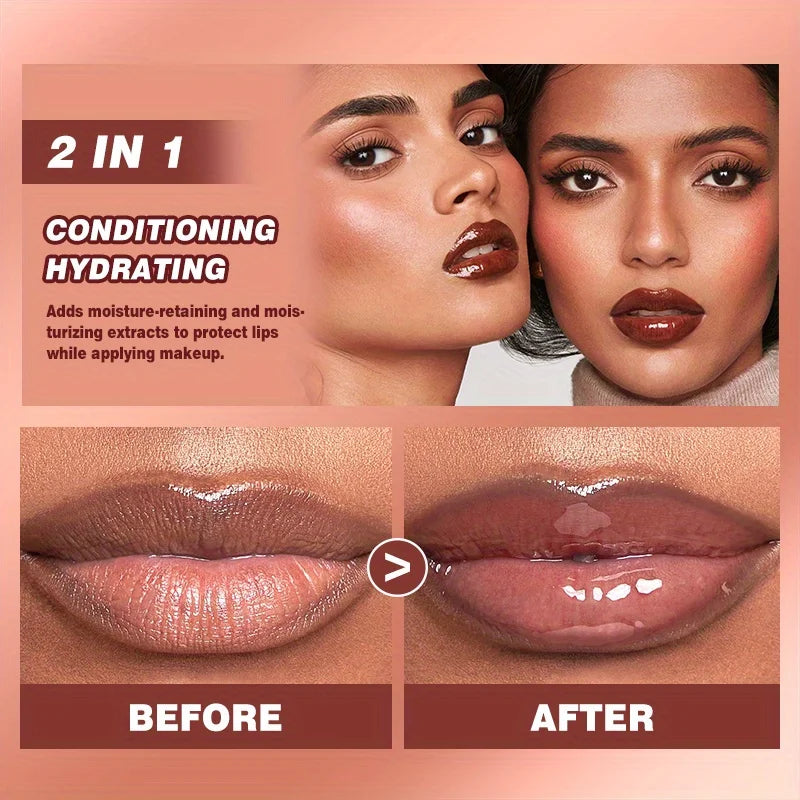 Brightening SHOWLU Lip Moisturizing Serum and colored lip balm treatment in sleek packaging with a glossy finish.